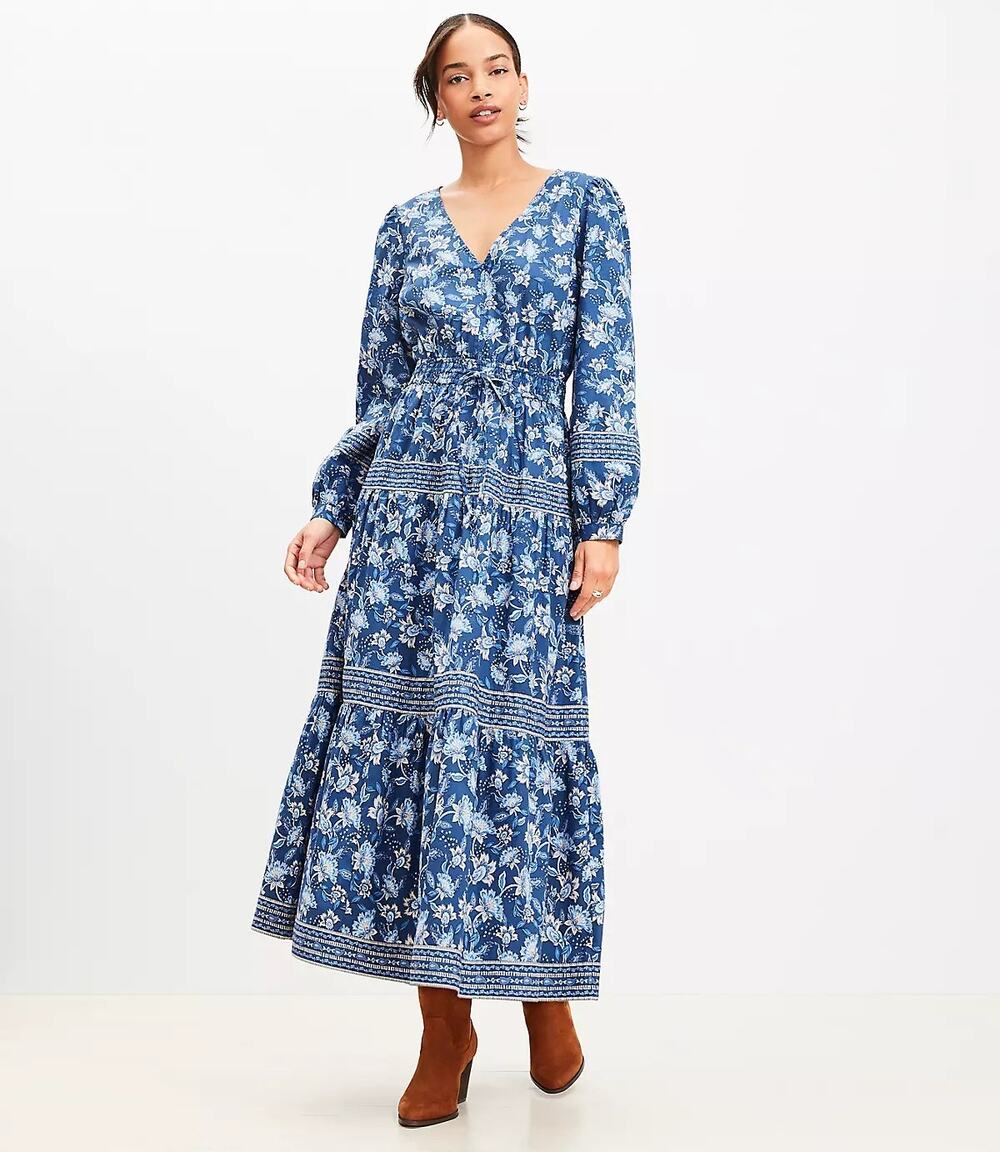 LOFT Floral Smocked Tie Waist Midi Dress